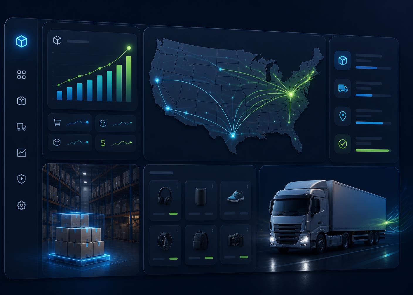 TorqenVault BD warehouse dashboard showing US shipping routes, live order analytics, and same-day fulfillment